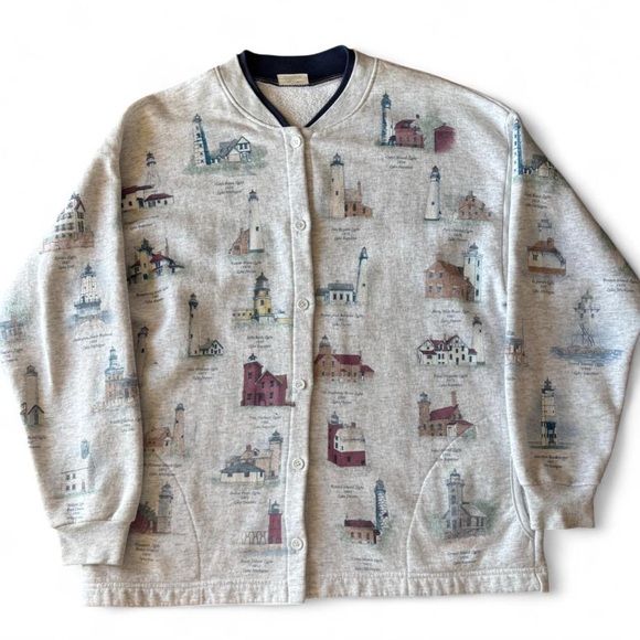 American Vintage Sweaters - Vintage 90s Lighthouse Print Cardigan, Size XL